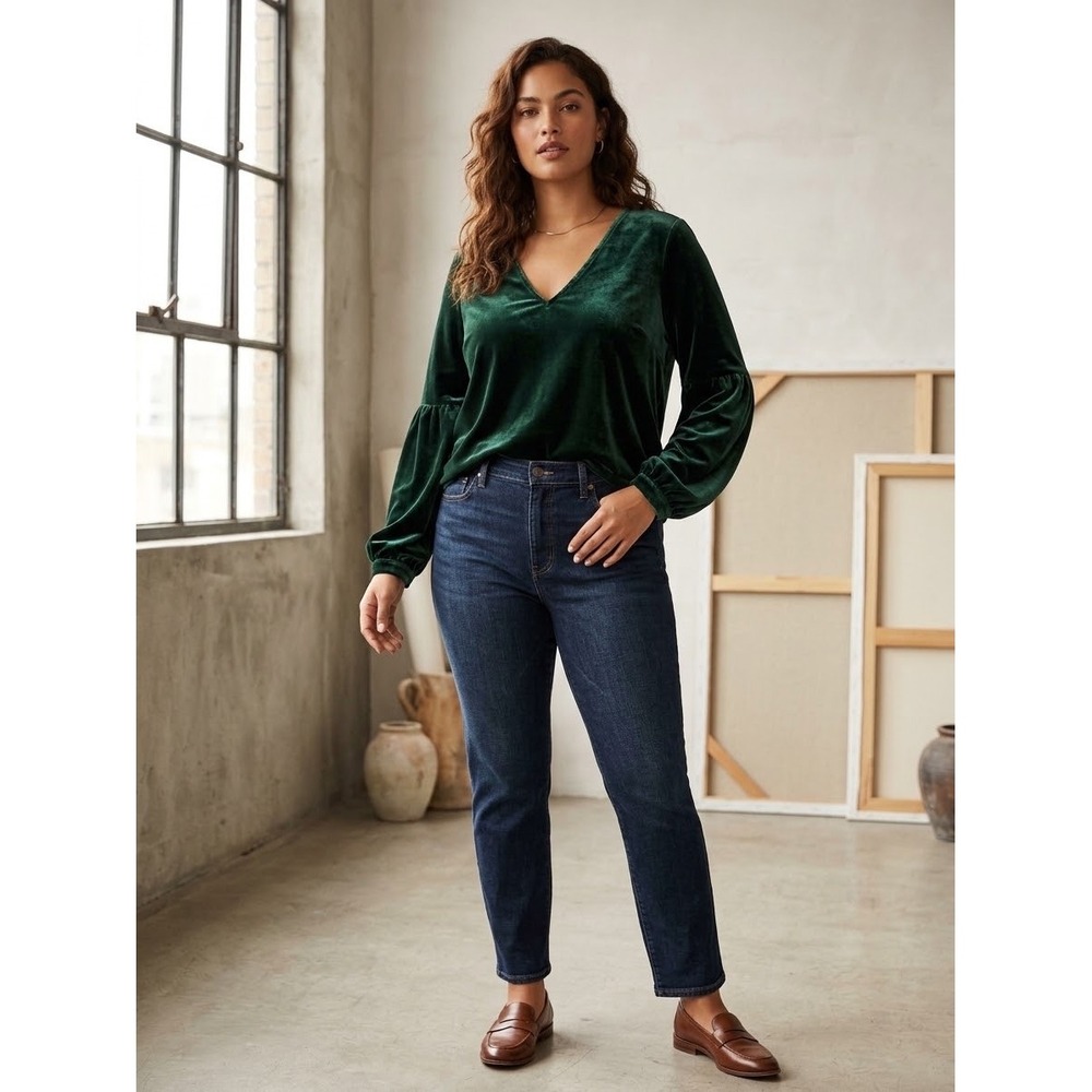 Madewell Green Velvet V-Neck Puff Sleeve Top K4382 XS Dark Forest Green